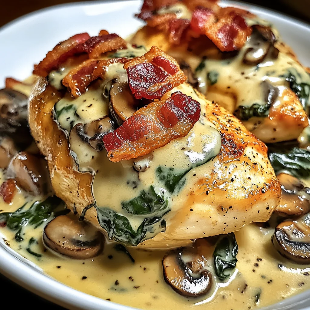 Geschmortes Hähnchen mit cremigem Spinat, Speck und Champignons