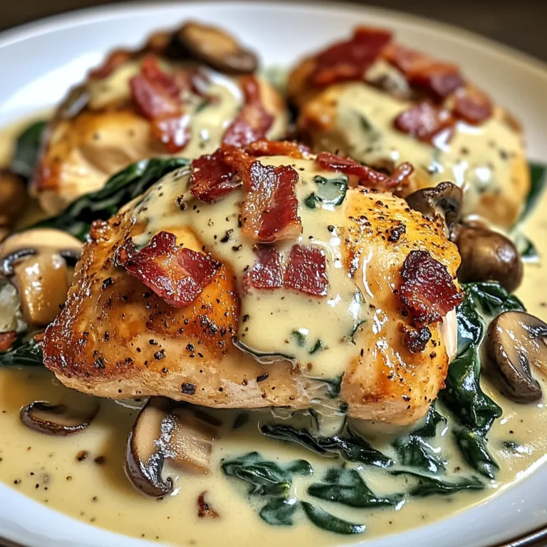 Geschmortes Hähnchen mit cremigem Spinat, Speck und Champignons