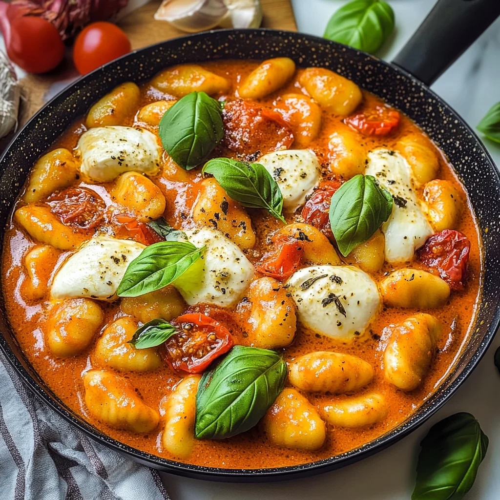 Gnocchi Pfanne mit Tomate, Mozzarella und Basilikum