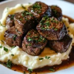 Knoblauchbutter-Rinderbissen mit Kartoffelpüree genießen!