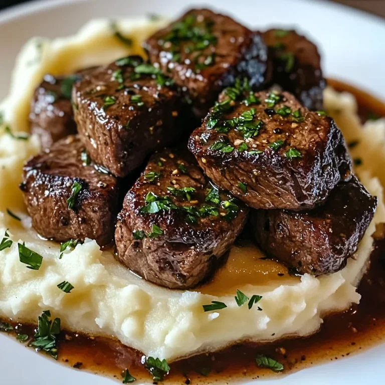 Knoblauchbutter-Rinderbissen mit Kartoffelpüree genießen!