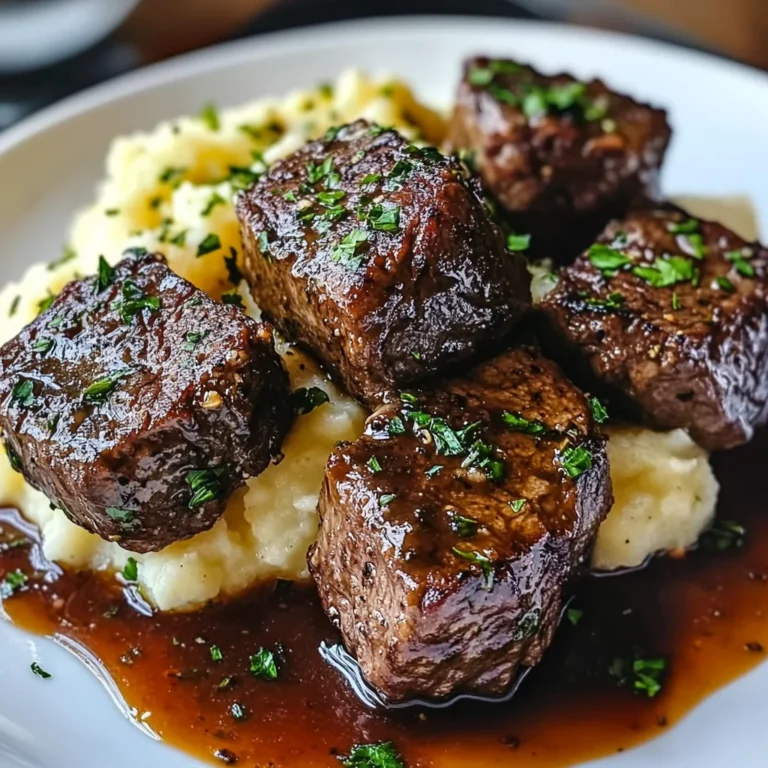 Knoblauchbutter-Rinderbissen mit Kartoffelpüree genießen!
