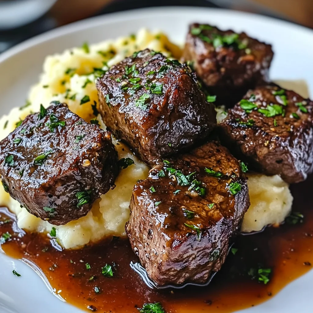 Knoblauchbutter-Rinderbissen mit Kartoffelpüree genießen!