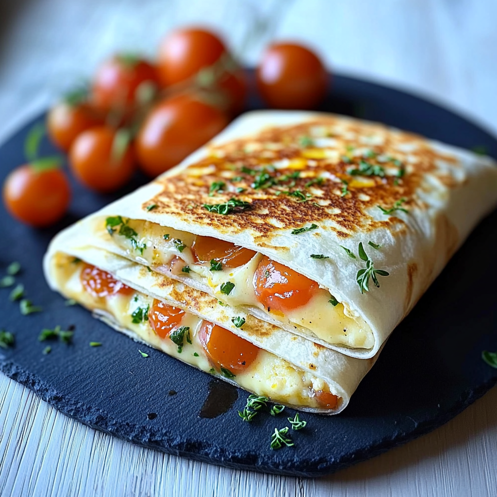 Verführerischer Frühstückswrap mit Ei, Käse & Tomaten
