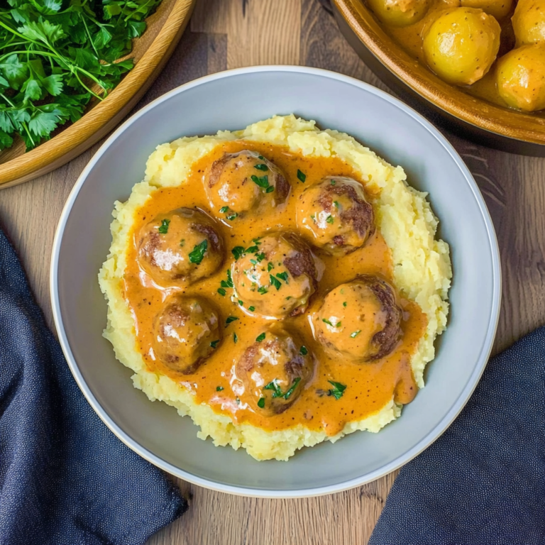 Himmlische Hackbällchen in cremiger Sauce mit Kartoffelpüree