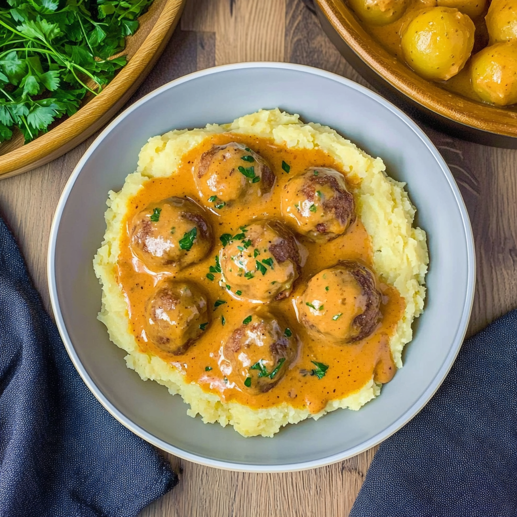 Himmlische Hackbällchen in cremiger Sauce mit Kartoffelpüree