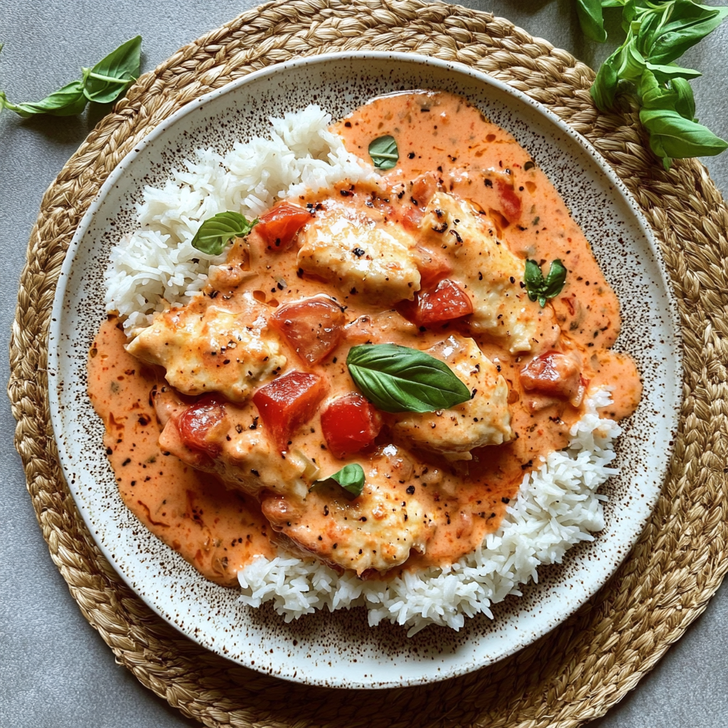 Verführerisches Hähnchen mit Reis und Tomatensoße Rezept
