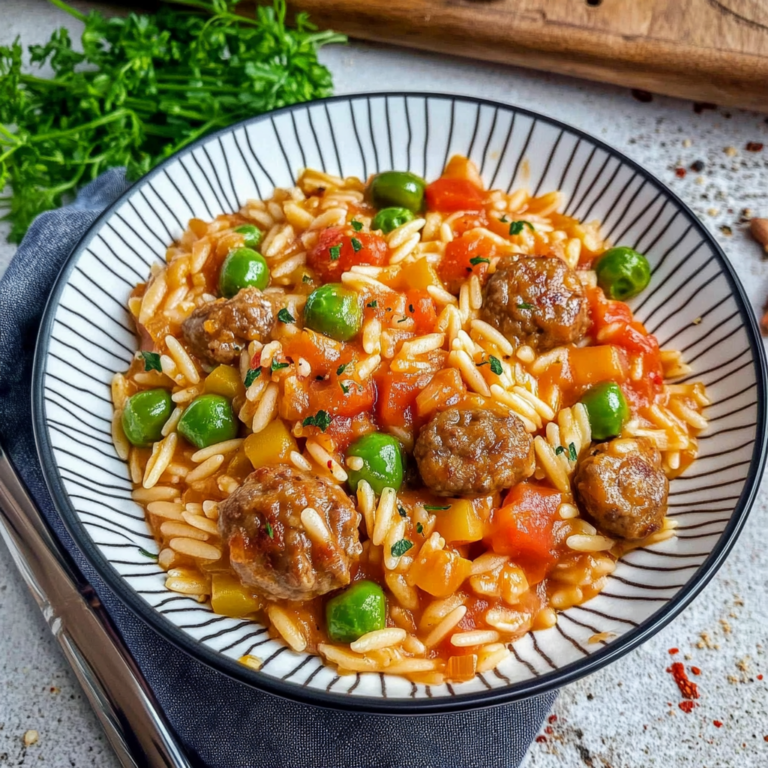 Köstliche Orzo-Pfanne mit Hackbällchen und Gemüse genießen