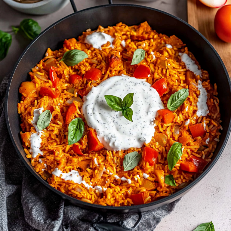 Verführerische Paprika-Reis-Pfanne mit Joghurtsoße