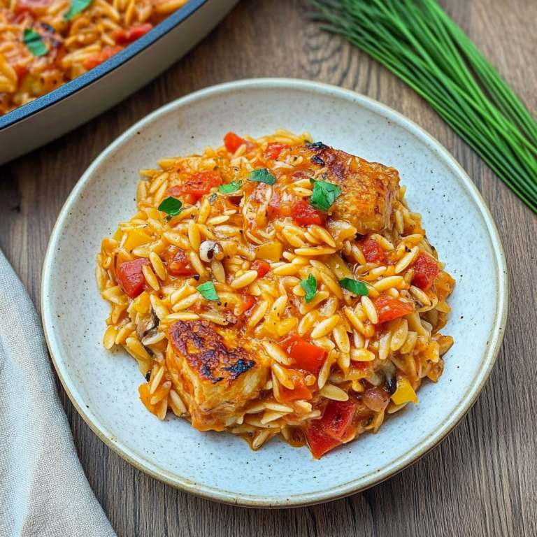 Verführerisches Paprika Sahne Hähnchen mit Orzo Nudeln