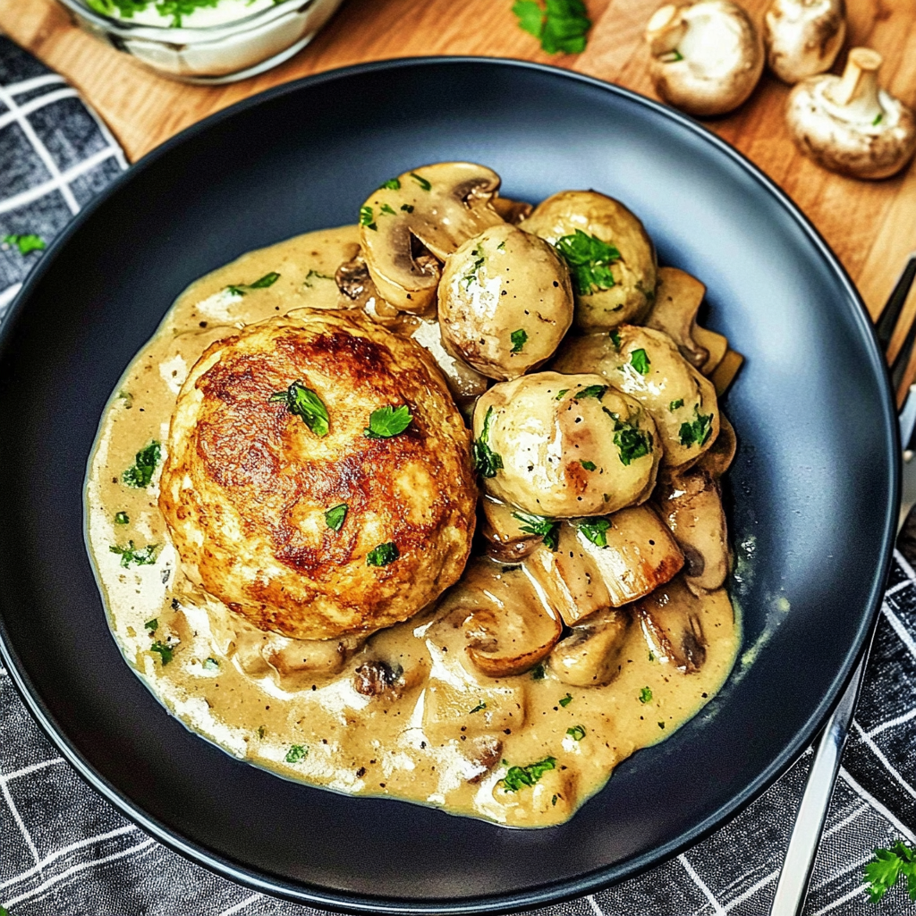 Verführerische Semmelknödel auf Champignon-Rahm & Putenfilet