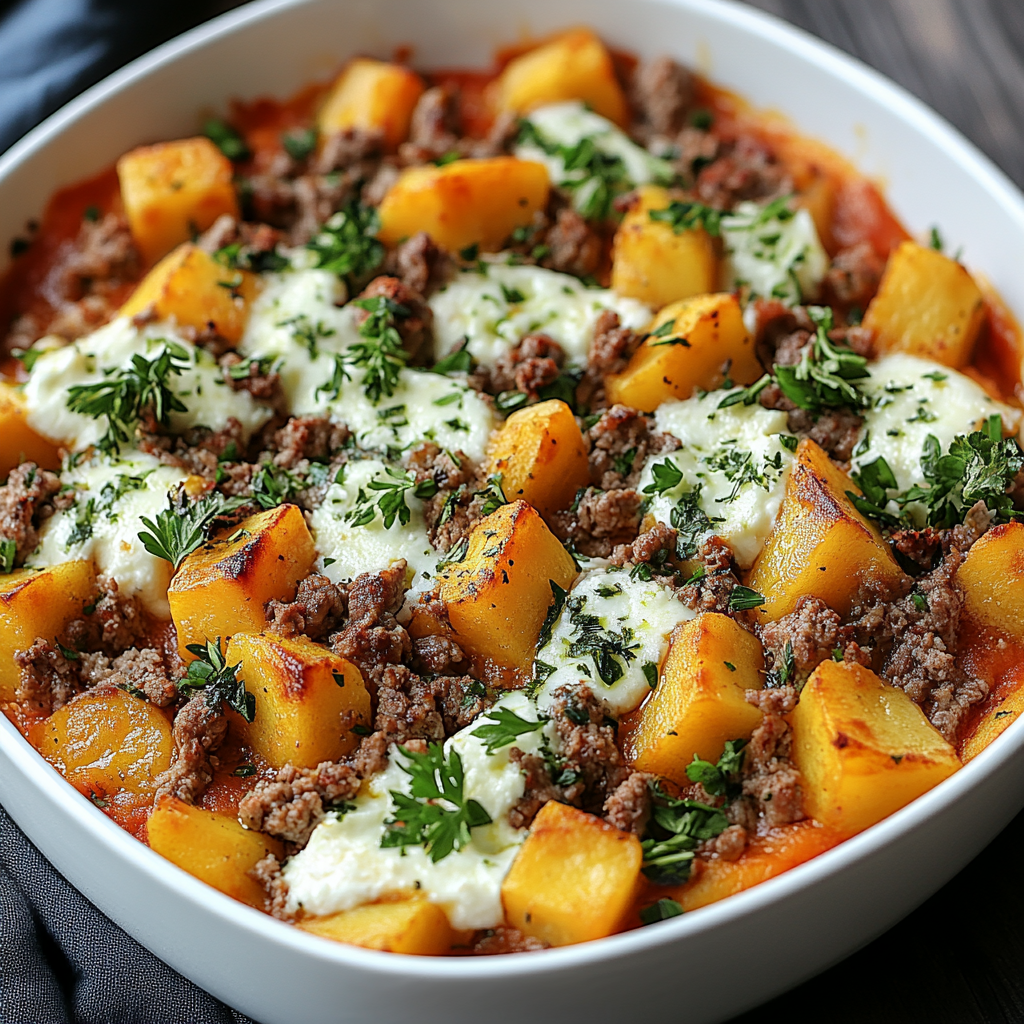 Verführerischer Süßkartoffel-Hackfleisch-Auflauf mit Feta