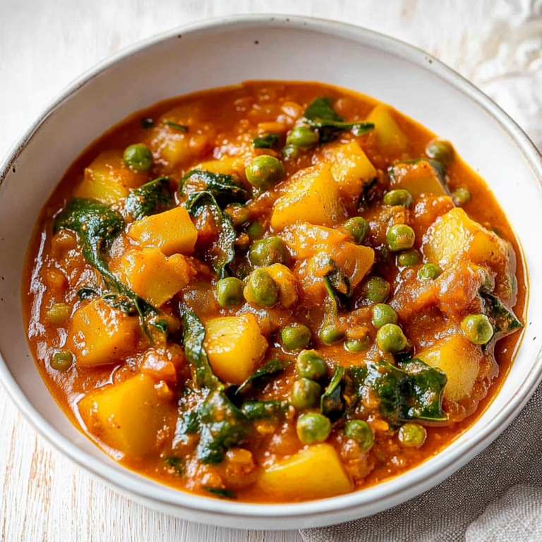 Köstliches Veganes Kartoffelcurry mit Spinat und Erbsen