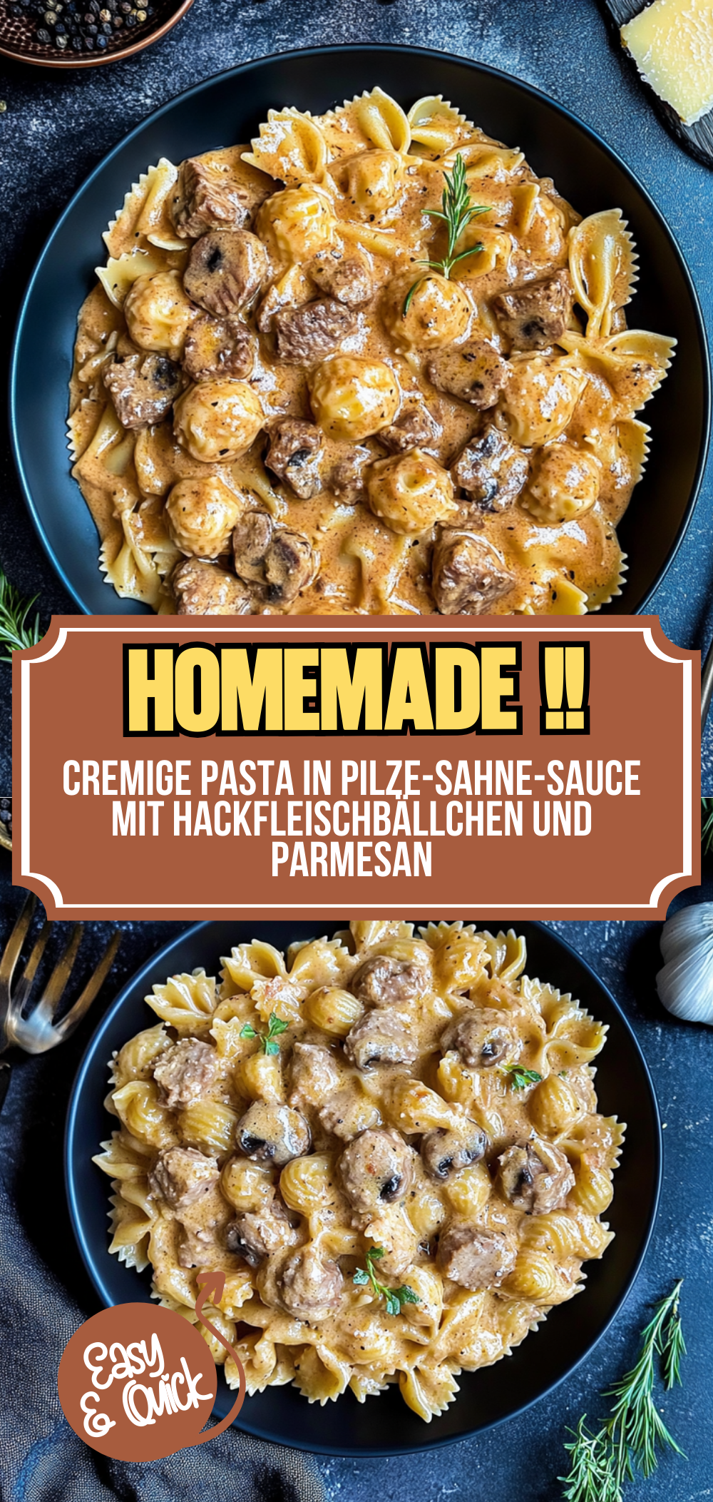 Cremige Pasta in Pilze-Sahne-Sauce mit Hackfleischbällchen