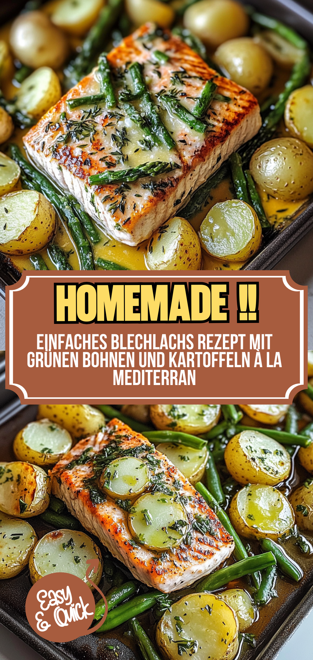Einfaches Blechlachs Rezept mit grünen Bohnen und Kartoffeln