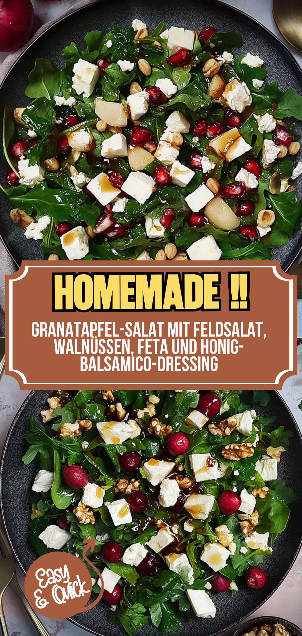 Granatapfel-Salat mit Feldsalat, Walnüssen, Feta und Honig-Balsamico-Dressing