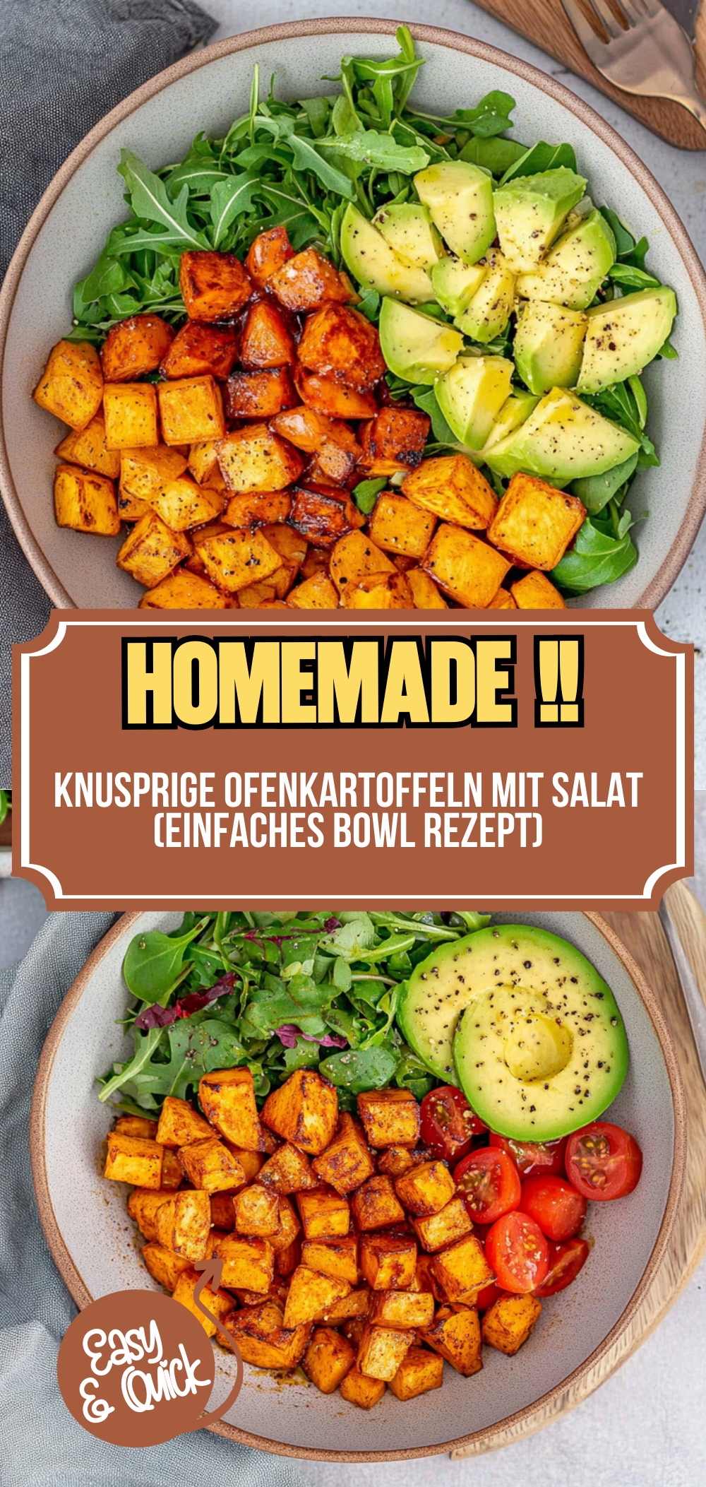 Knusprige Ofenkartoffeln mit Salat (einfaches Bowl Rezept)