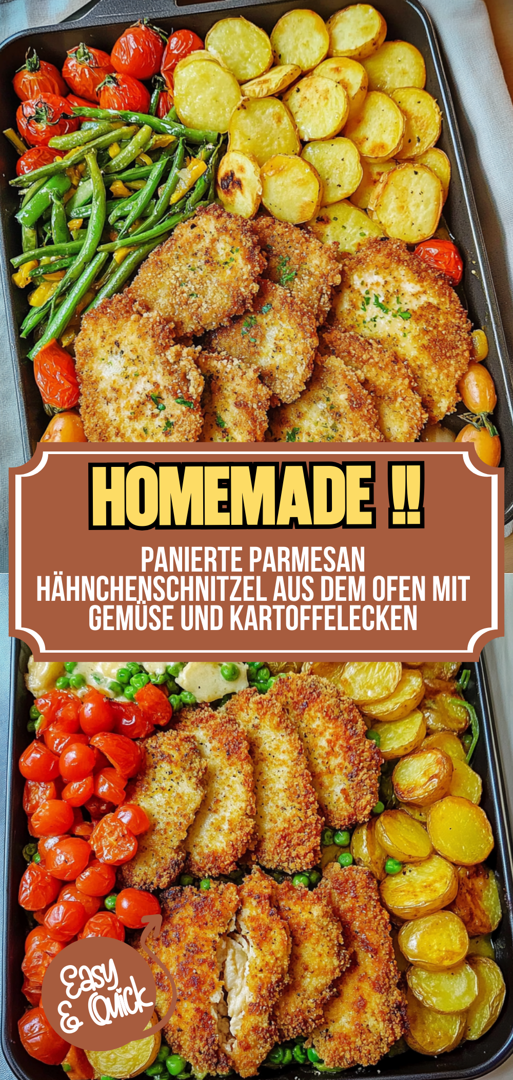 Panierte Parmesan Hähnchenschnitzel aus dem Ofen mit Gemüse und Kartoffelecken