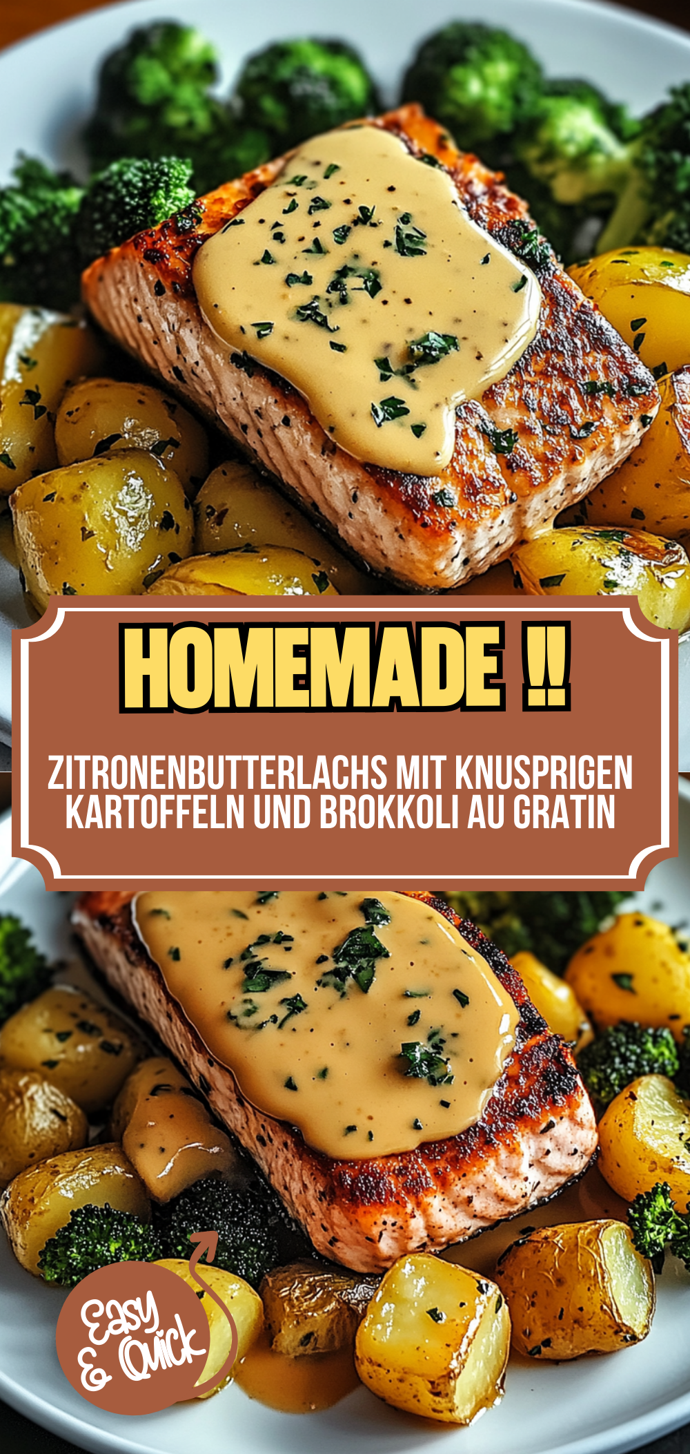 Zitronenbutterlachs mit knusprigen Kartoffeln und Brokkoli